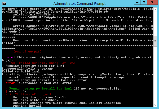 Crear nuevo modulo, instalar librería snscrape. Error: Could not find ...